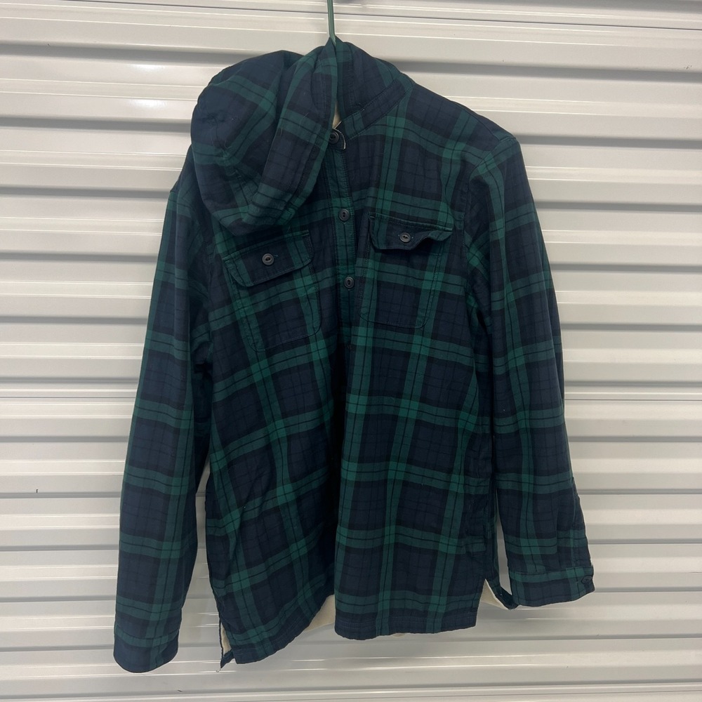 LL Bean Jacket Womens Large Relaxed Blue Green Plaid Flannel Hooded Sherpa Lined - Picture 6 of 16